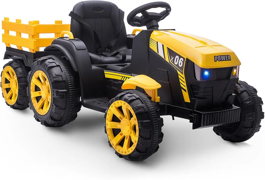 Kids Ride On Tractor with Trailer, Tractor with Remote Control, 12V Battery Powered Electric Vehicle Car Toys with 6 Wheels, 35W Dual Motors, Led Lights, Music, Gift for Boys Girls, Yellow