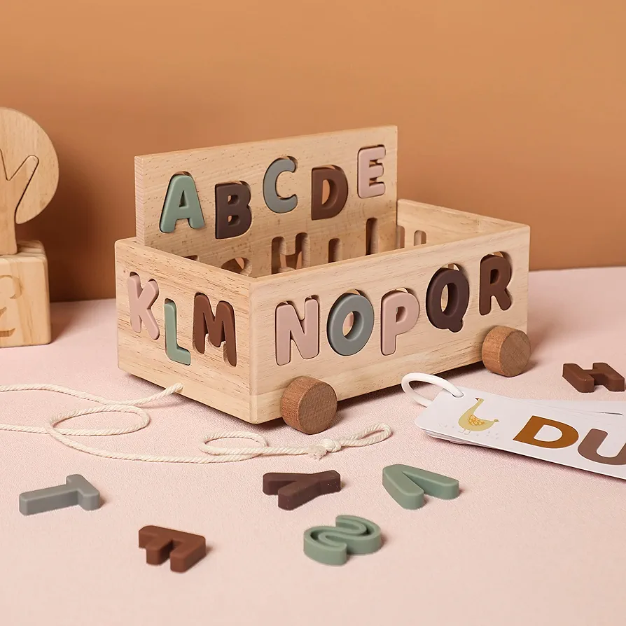 Wooden Shape Sorting Car Toys with Alphabet Blocks Learning Cards Montessori Wooden Educational Toys Gifts for Toddlers Boys Girls Age 1 2 3, Wood Preschool Learning Fine Motor Skills Game