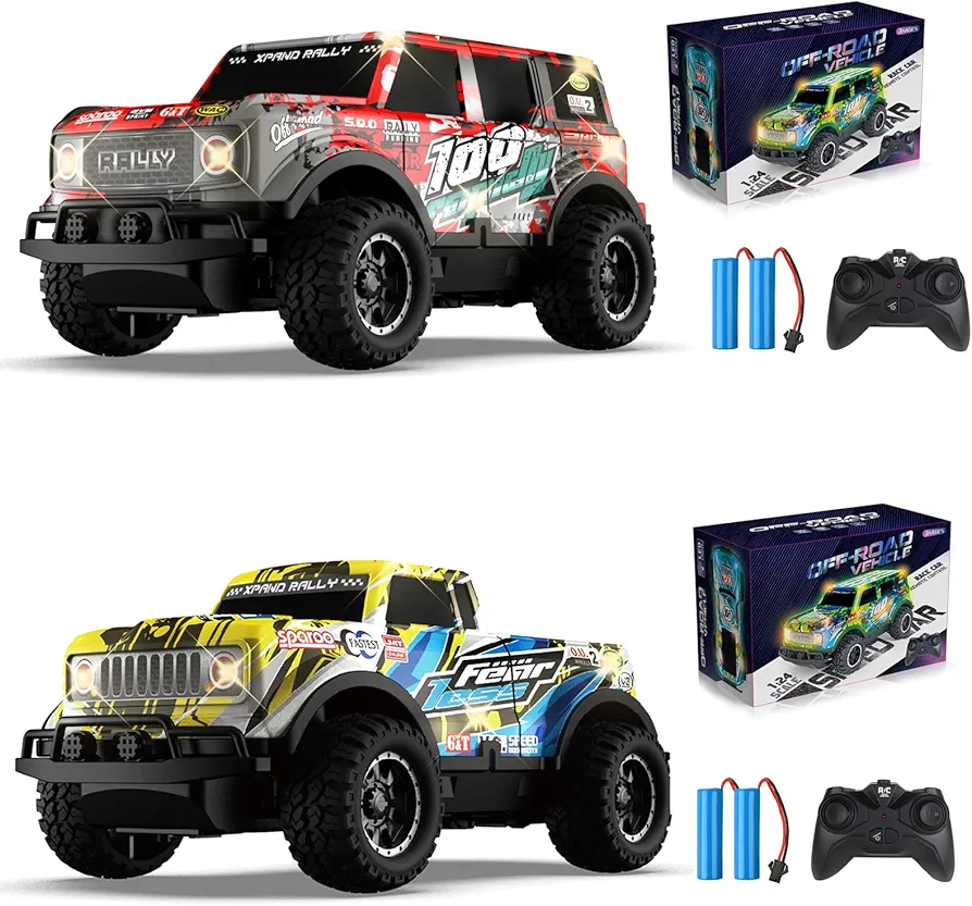 2PCS Remote Control Car, Light Up RC Car Toys, 2.4GHz 1:24 Scale 15KM/H Off-Road with Cool LED Lights Racing Rechargeable Toy Car for Christmas Birthday Kids Boys Girls for 4-7 8-12 Year Old