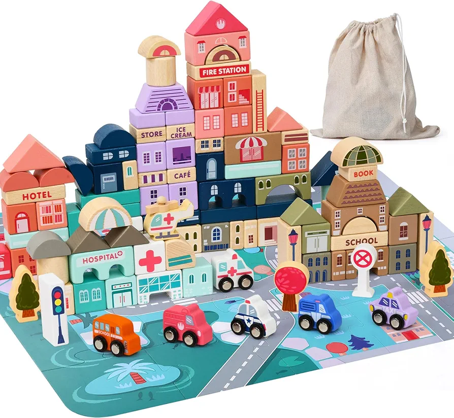 Lewo 115 PCS Wooden Building Blocks with City Map Construction Building Sets City Building Blocks Stacking Blocks Preschool Educational Learning Toys for 3 4 5 6 Years Old Kids Boys Girls Children