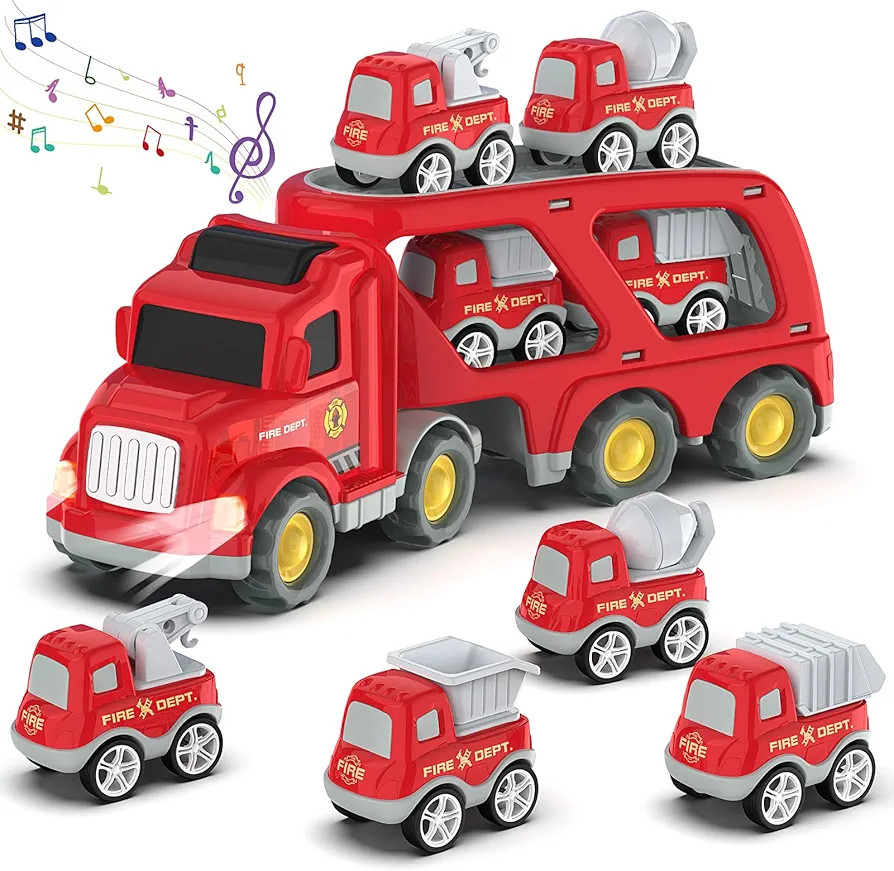 Toddler Car Toys for 3 4 5 Years Old Construction Transport Truck with 4 Pack Small Pull Back Construction Vehicles Friction Power Cars Christmas Birthday Gifts for Kids Boys Girls