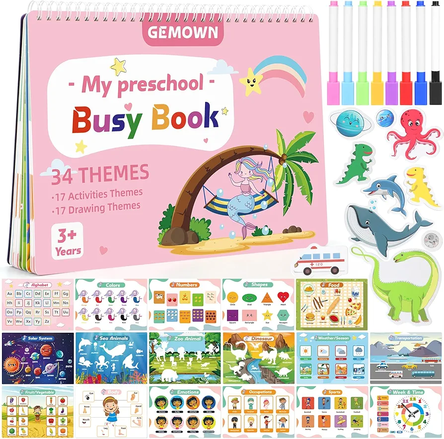 Preschool Busy Book for Toddlers - Montessori Activity Book for Kids - 34 Themes Sensory Learning Educational Activities - Gifts for Boys - Travel Toys for Airplane Car - Pink