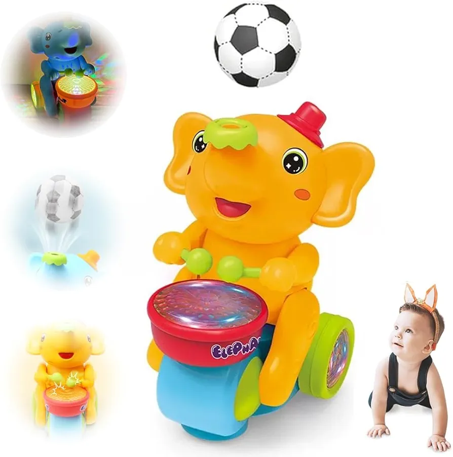 Baby Crawling Toys, Crawling Toys for Babies 6-12 Months, Musical Walking Elephant Drummer Toy, Drumming Elephant Blowing Ball Walking Car Toys with Music Light Baby Crawling Toys(Yellow)