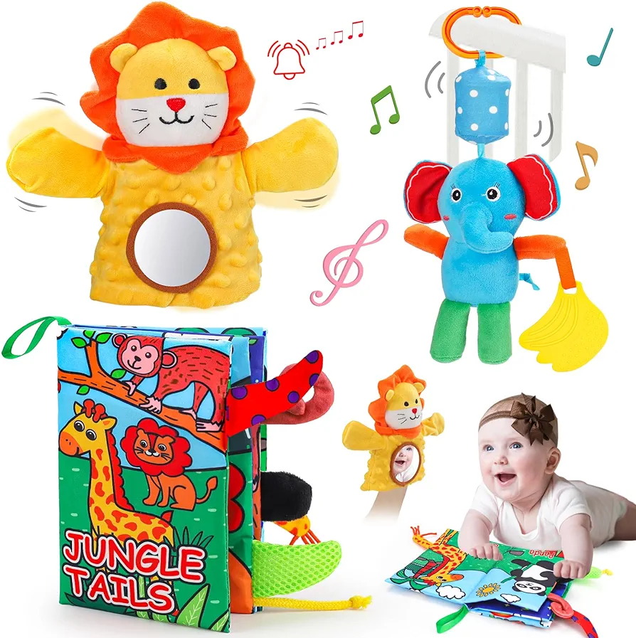 3PCS Soft Baby Toys 0-6 Months Infant Newborn Toys Tummy Time Sensory Books for Babies 0-12 Month Developmental Stroller Car Seat Travel Essentials Hanging Rattle for Boy Girl 3-6-9 Month Shower Gifts