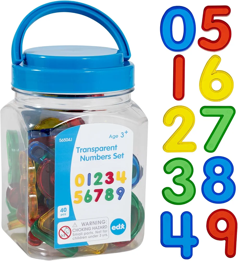 edxeducation Transparent Numbers Set - Mini Jar Set of 40 - Colorful, Plastic Numbers - Light Box Accessory - Sensory Play - Math Manipulative for Kids