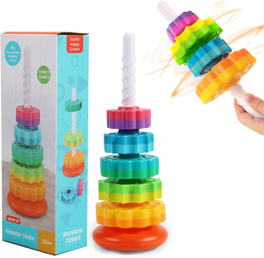 Baby Spinning Stacking Toys, Spin Toys ABS Plastic and Color Rainbow Design Ring Stacker Baby Toys 6 to 12 Months Montessori Educational Learning Autism Sensory Toys for Boys and Girls Baby