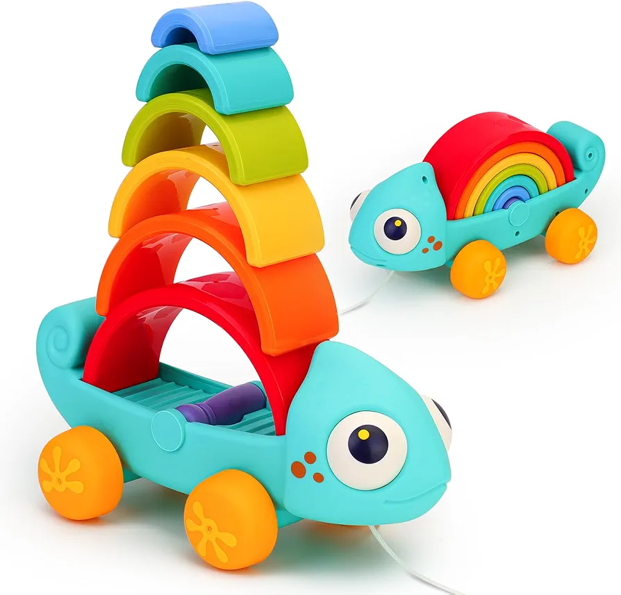 Toddler Toys for 1 2 3 Year Boys Girls, Montessori Toys 2-in-1 Rainbow Stacking Toys Push & Pull Toys with Wheel, Education Sensory Toys Motor Skills Developmental Activities Toys