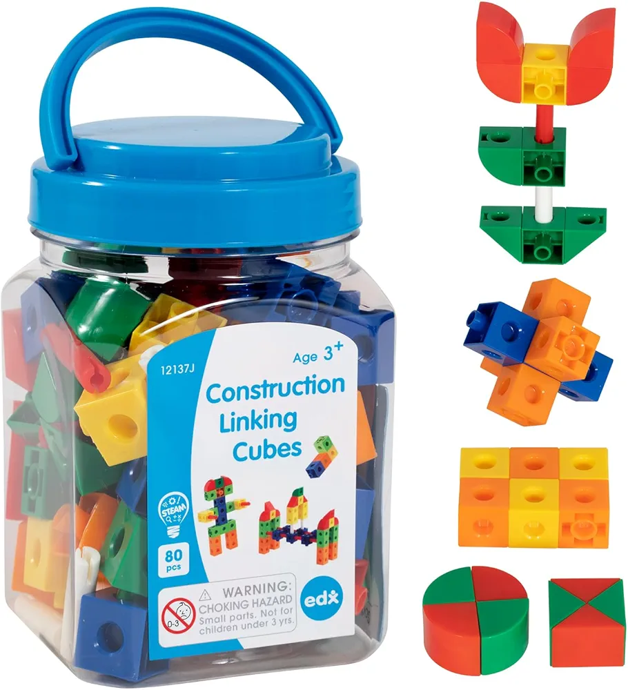 Edx Education Construction Linking Cubes - Mini Jar Set of 80 - Linking Cubes - STEM Play - Math Manipulative for Kids