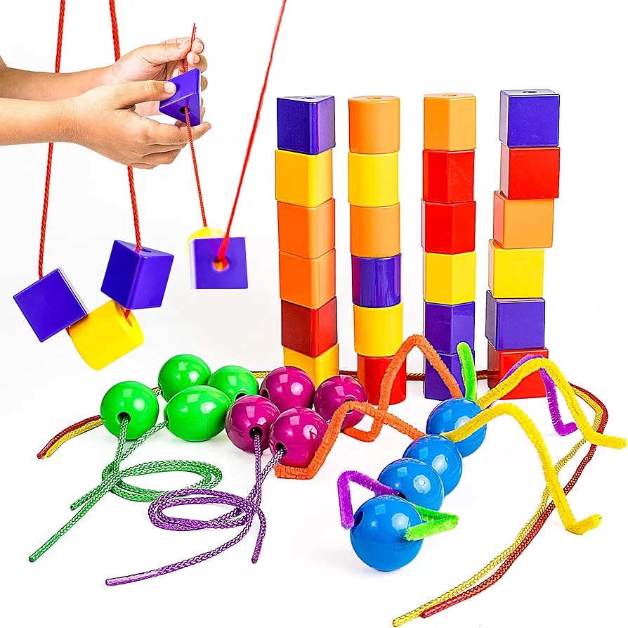 Skoolzy Rainbow Stringing Beads for Toddlers 46 Pcs | String Beads with Strings, Pipe Cleaners and Bag | Montessori Toys Occupational Therapy