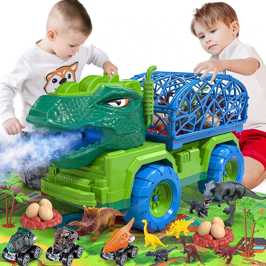 Spray Dinosaur Truck Toys for Kids 2 3 4 5 6 7 Years, Tyrannosaurus Transport Car Carrier with Mist Spray, 8 Dino Figures, 3 Dino Cars & 6 Eggs, Play Mat, Jurassic Play Set for Boys 3+