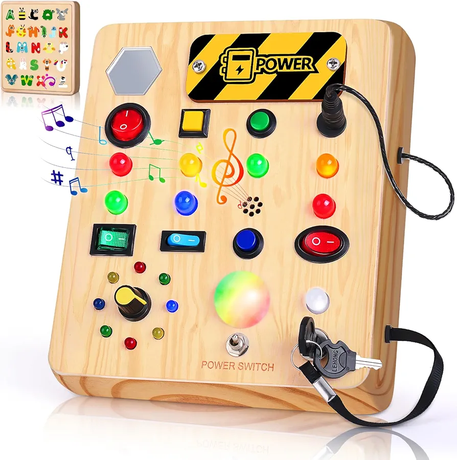 Busy Board with LED Light, Wooden Sensory Toys for Toddler, Montessori Music Toy for Airplane, Travel Activity Educational Learning Autism Toys, Birthday Boys Girls Gifts