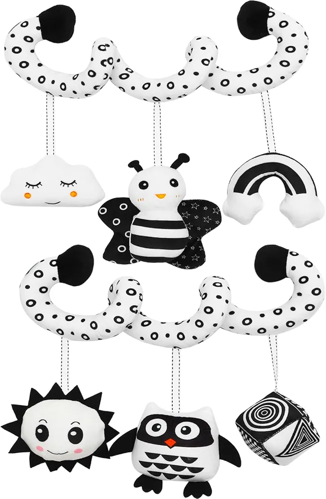 ONEST 2 Pieces Baby Spiral Hanging Stroller and Car Seat Toys Newborn Plush Activity Toys Black and White High Contrast Sensory Toys Baby Bed Bassinet Crib Carrier Gifts for 0-12 Months Baby