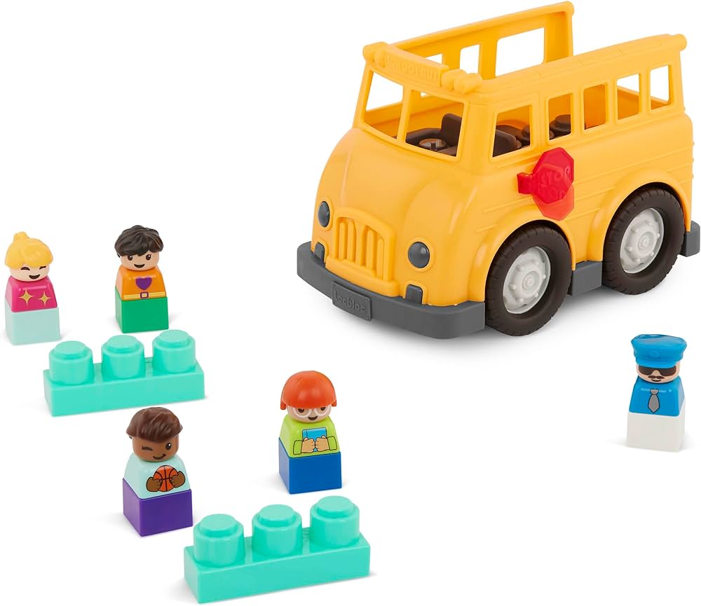 Battat – School Bus – 8Pc Construction Set – 5 Figures & 2 Blocks – Build-On Vehicle – 12 Months + – Locbloc® School Bus