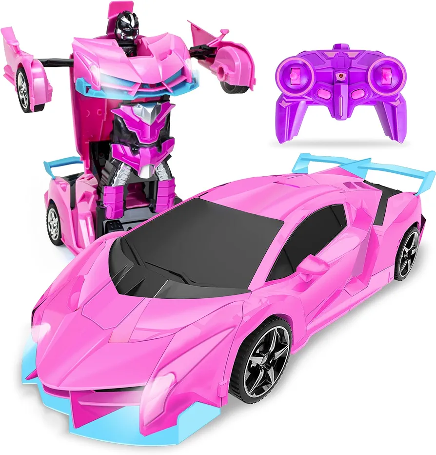 Remote Control Car for Girls, Pink Rc Transformation Car Toys Robot for 5-7 8-12 Kids Gift, 1:18 Scale Racing Car with LED Light, One-Button Deformation & 360°Drifting Toy Car Racing Vehicle