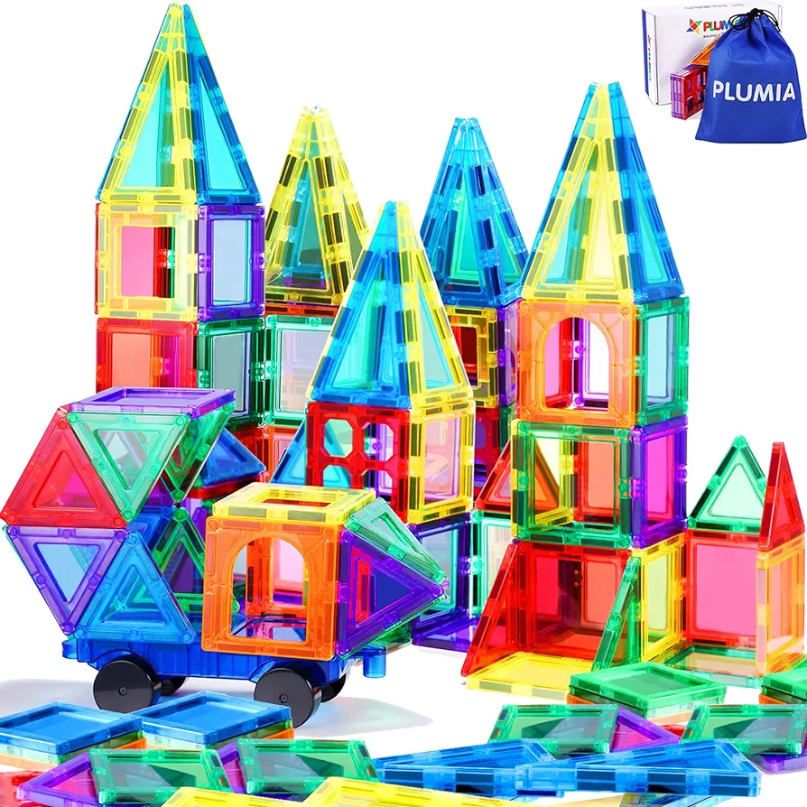 PLUMIA Magnetic Tiles for Kids 3D Magnet Building Tiles Set STEM Learning Toys Magnetic Toys Gift for 3+ Year Old Boys and Girls