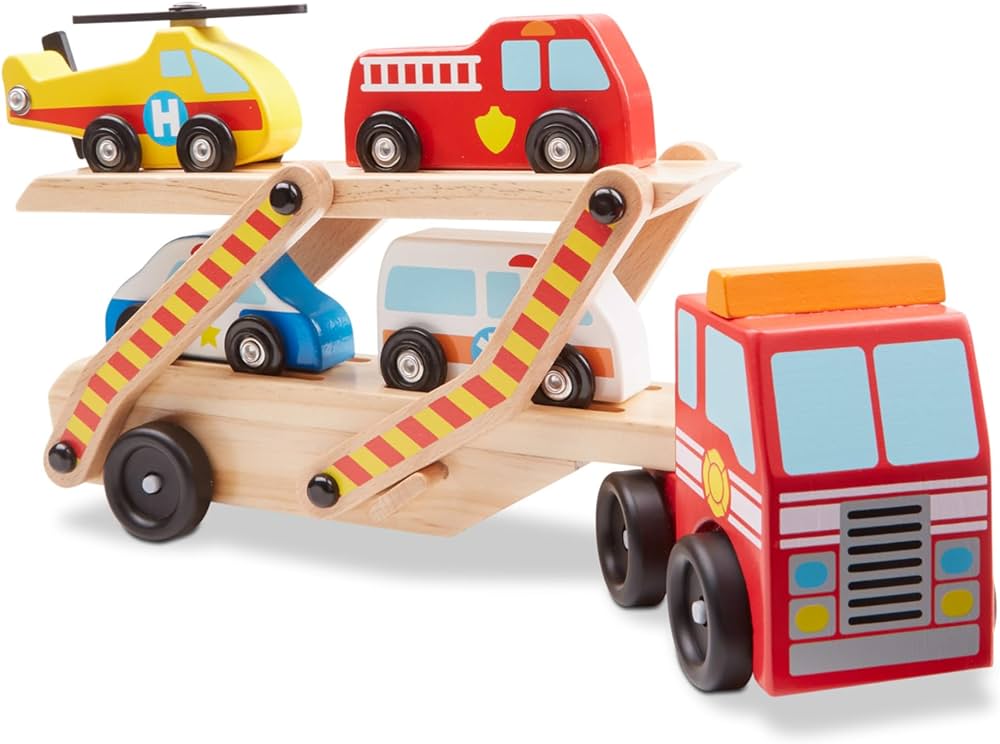 Melissa & Doug Wooden Emergency Vehicle Carrier Truck With 1 Truck and 4 Rescue Vehicles