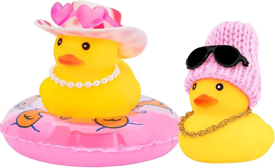 wonuu Pack of 2 Rubber Ducks, Love Heart Cowboy Hat Pearl Duck & Pink Knit Hat Duck, Car Dashboard Decorations Rubber Ducks for Car Ornament Accessories