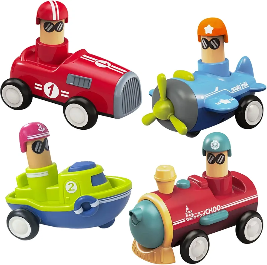 4 Pack Friction Powered Vehicles Cars Toy Push and Go Back for Toddlers Baby Boys Girls 1 2 3 Years Old Gift (Car,Train,Boat,Airplane)