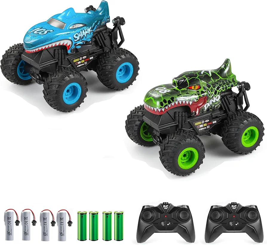 2 Pack RC Monster Truck, All Terrain RC Shark Car and RC Dinosaur Truck with Light&Music&360°Stunt, 2 Rechargeable Batteries, Toy Gifts for Boys and Girls