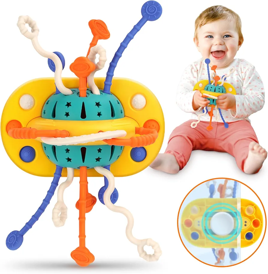 NPET Montessori Toys for Babies 6-12 Months Baby Sensory Toys, Food Grade Silicone Travel Pull String Toy with Suction Cup Stroller Crib Car Seat Baby Fidget Toy 1 Year Old Baby for Boys Girls