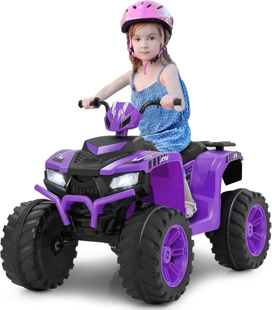 Coszton ATV for Kids, 24V Battery Powered Electric ATV Quad W/Soft Start, Wireless Connection, Music, Radio, Treaded Tires, LED Lights, Kids Ride-On ATV Kids 4-Wheeler for 3-8 Boys & Girls (Purple)