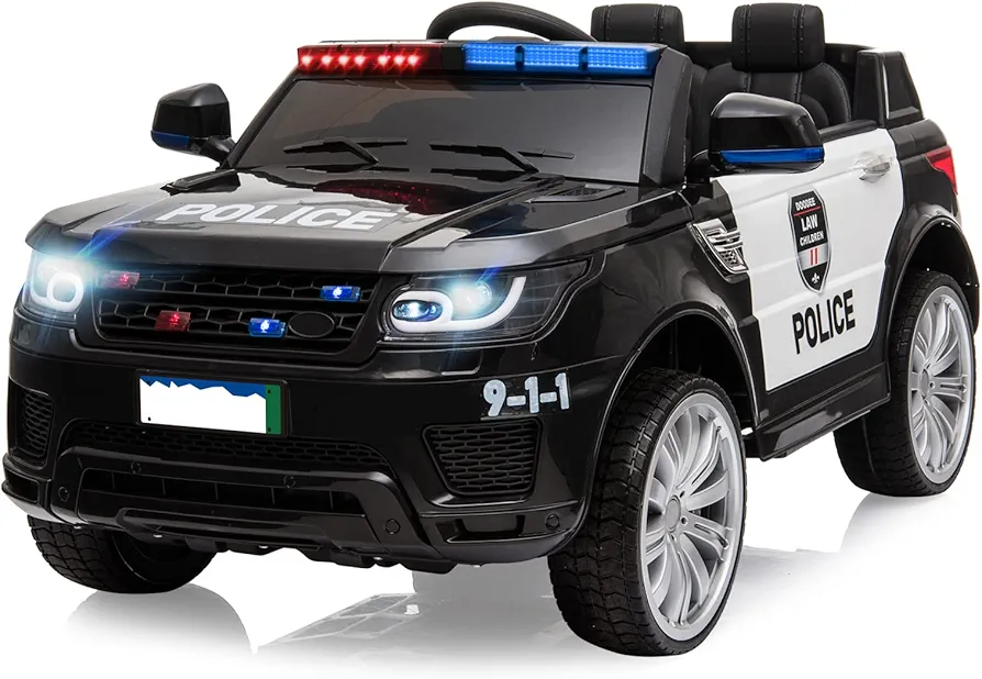 12V Kids Ride on Police Car with Car Cover, Battery Powered Electric Police Vehicles w/Remote Control, Intercom, Siren Flashing Light, Horn, Music, Suspension, for Boys Girls, Black