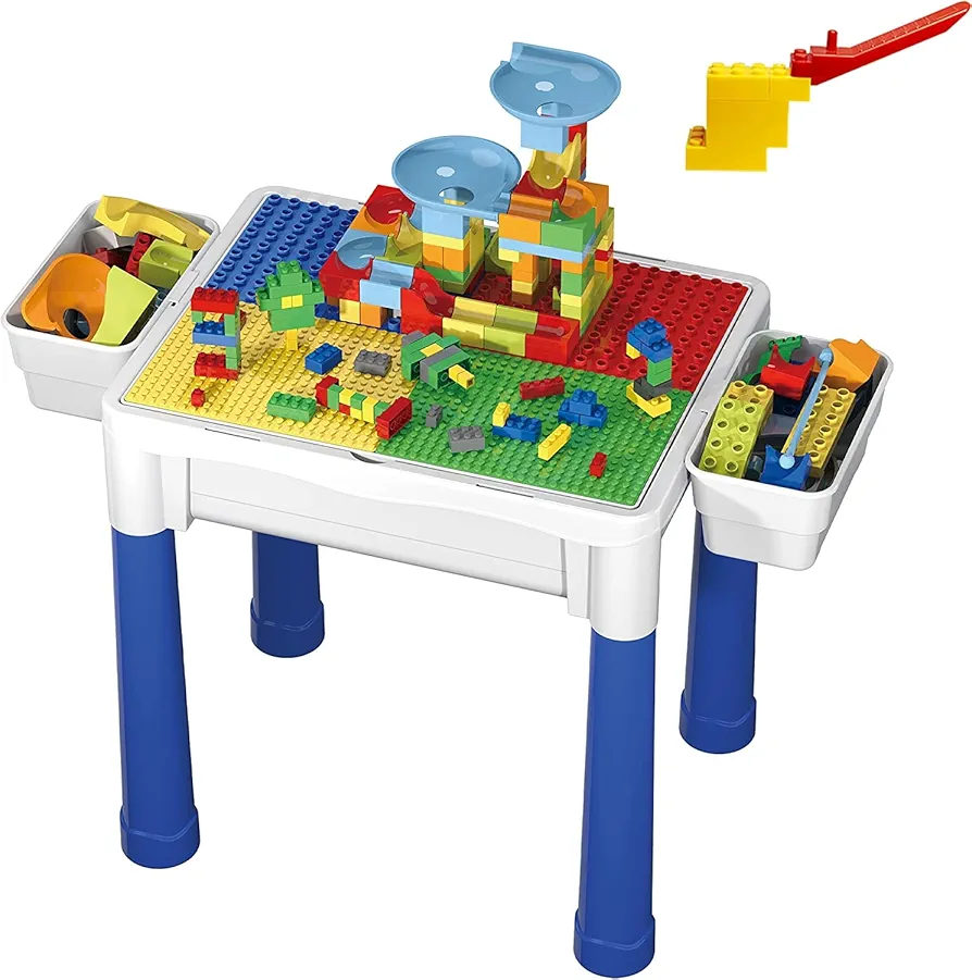 PicassoTiles 7pc Animal Action Figure + Activity Center Play Table, Pretend Playset, Study Desk Set Sandbox Water Tight Container Storage All-in-1 STEM Toy with 331pc Dual Size Brick Blocks Marble Run