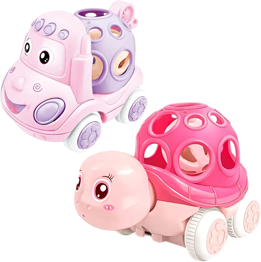 ONEST 2 Pieces Baby Girl Toy Cars for Babies, Infant Soft Rubber Push and Go Toy Car for Toddler Girl, Rattle Roll Truck Wind Up Cars for Infants Gift, Pink Car Toys for Baby Girls