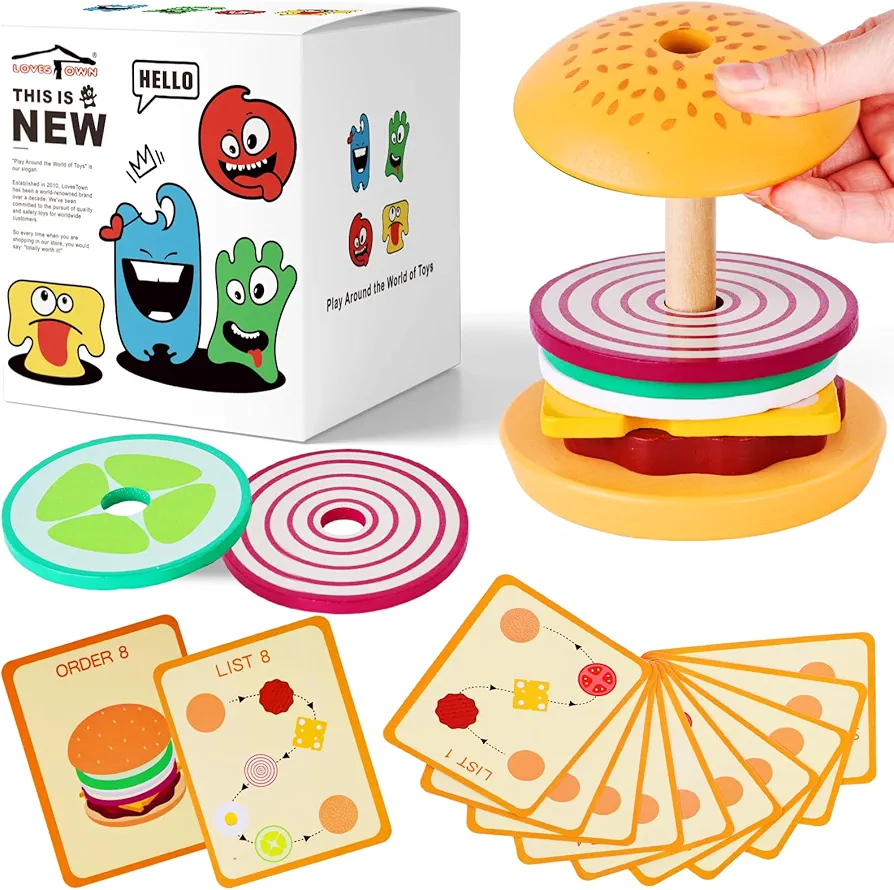 LovesTown Wooden Stacking Toys, Burger Stacking Toys Montessori Toys for Kids Educational Preschool Learning Toys for Boys Girls Birthday Gifts