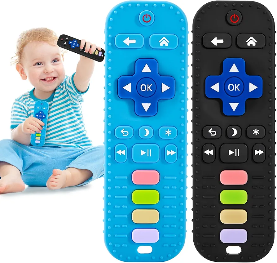 Avkast 2PCS Teething Toys for Baby 3 6 12 18 Months, TV Remote Control Shaped Baby Teether Toys, Baby Chew Toys, Food Grade Silicone Teething Toys for Infants, BPA Free, for Baby Gum Relief