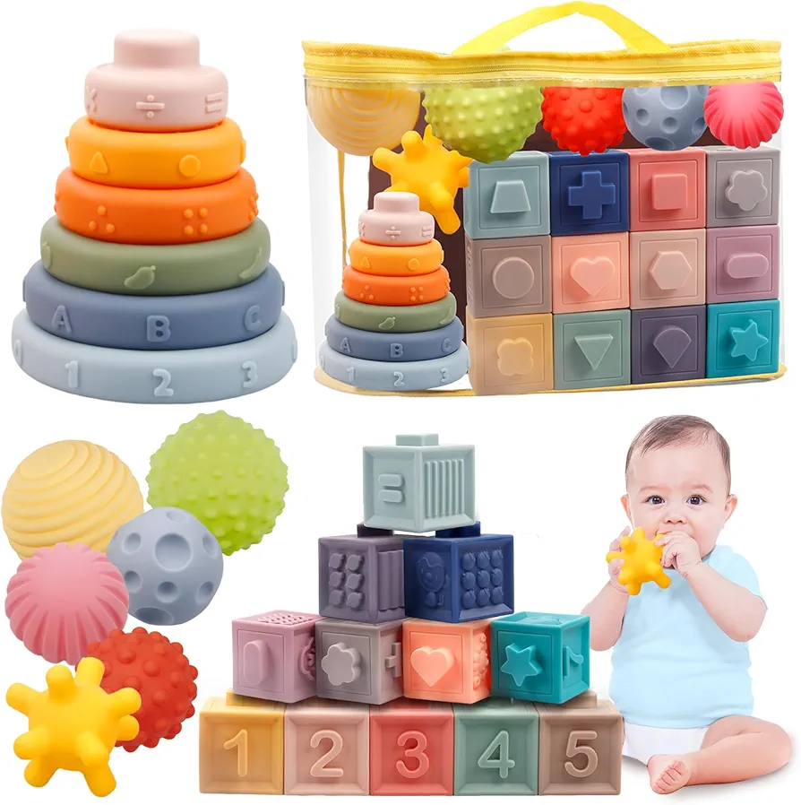 Montessori Toys for Babies 6-12 Months, Soft Baby Blocks Toys Set, 3 in 1 Infant Stacking Building Blocks, Teething Toys Sensory Balls Educational Learning Toys for Toddlers 3-6-9-11 Months Boys Girls