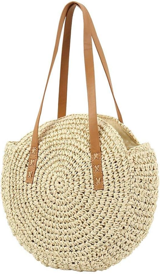 YXQSED Round Woven Bag - Summer Beach Bags Straw Handwoven Singleshoulder with Leather Handles，Zipper（Khaki） L