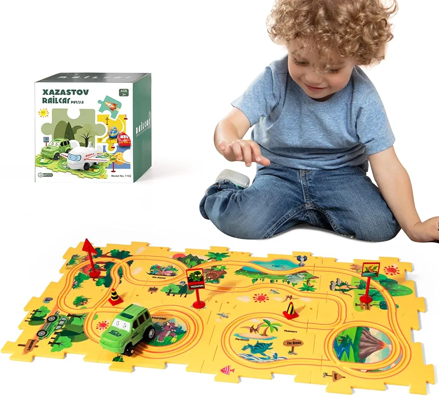 Dinosaur Puzzle Track Car Play Set, Plastic Puzzles for Kids Ages 3-5 with Vehicles, Railcar Puzzle, Car Tracks for Toddlers, Toys Gifts for 2 3 4 5 6 Year Old Boys, Montessori Toys