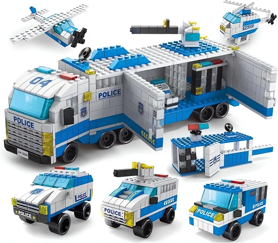 6 in 1 City Police Truck Mobile Command Center Car Building Set, SWAT Chase Crime Lab Toys with Police Station, Rescue Helicopter Airplane, Christmas Birthdays Gifts for Boys 6-12