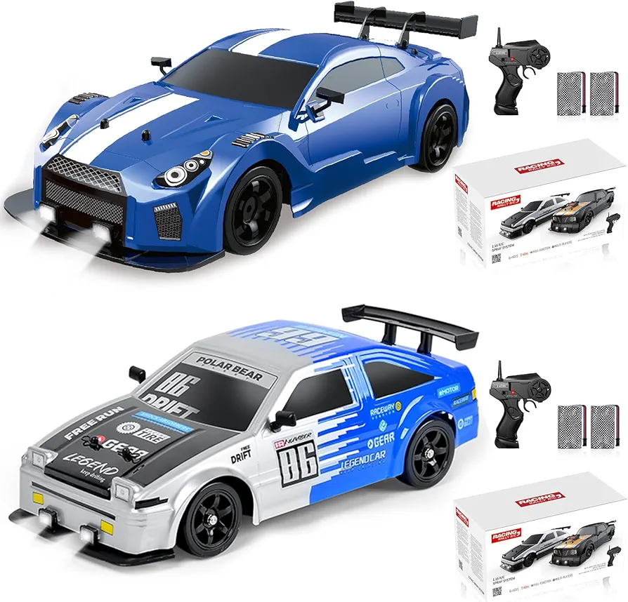 2PCS Remote Control Car RC Drift Car 1:16 Scale 4WD 18KM/H High Speed Model Vehicle 2.4GHz with LED Lights Spray Rubber Tire Racing Sport Toy Car for Adults Boys Girls Kids Gift 2Pcs Rechargeable Batt