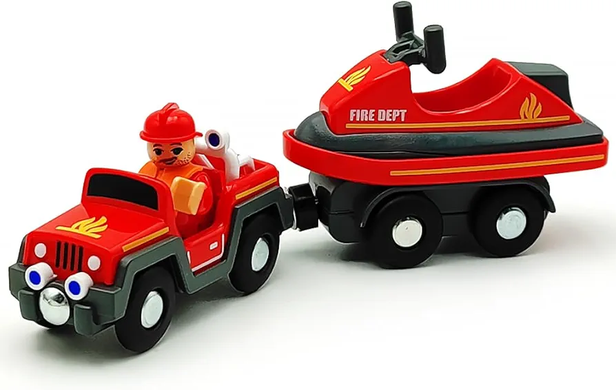 Wooden Train Cars Track Accessories Set Rescue Fire Truck with Light and Sound Small Vehicles Magnetic Train Cars Fit for Wooden Train Track Railway for Boys and Girls (Fireboat)