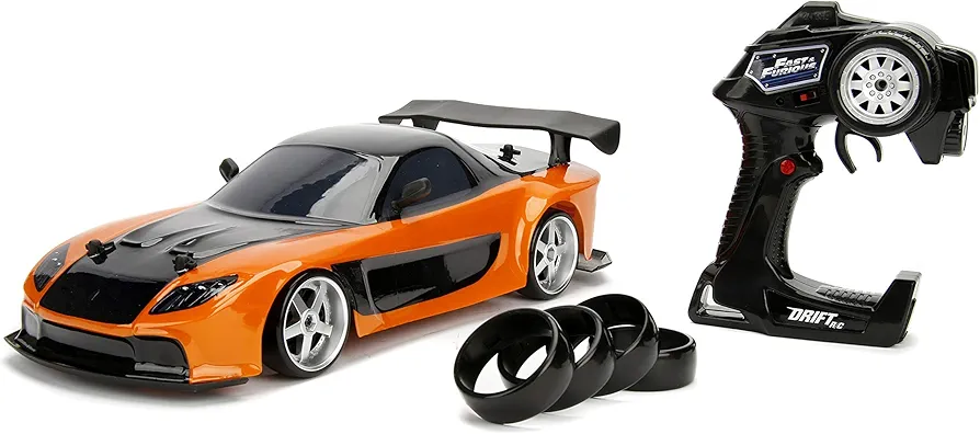 Jada Toys Fast & Furious Han’s Mazda RX-7 Drift RC Car, 1: 10 Scale 2.4Ghz Remote Control Orange & Black, Ready to Run, USB Charging (Standard) (99700)