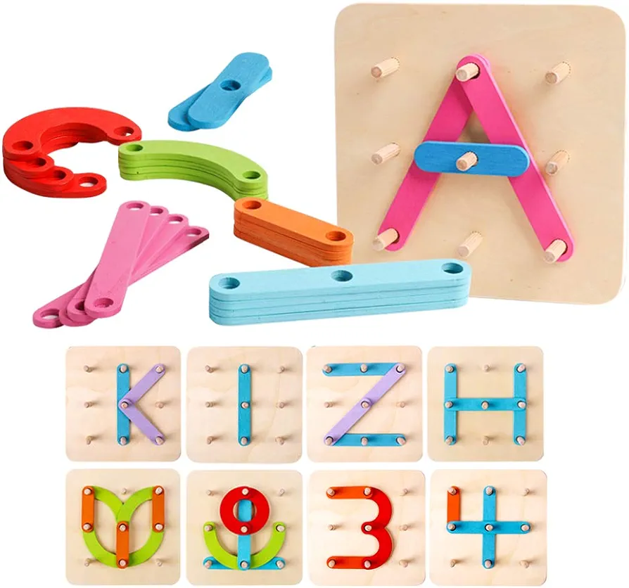 Wooden Letter and Number Construction Activity Set Educational Preschool Toys Shape Color Recognition Pegboard Sorter Set Board Blocks Stack Sort for Toddler Kids Boys Girls Toy