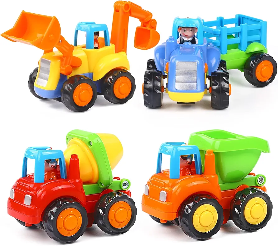 Inertia Toy Early Educational Toddler Baby Toy Friction Powered Cars Push and Go Cars Tractor Bulldozer Dumper Cement Mixer Engineering Vehicles Toys for Children Boys Girls Kids Gift 4PCS