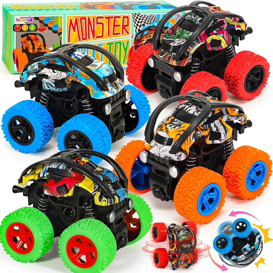 Monster Truck Toys Cars for Boys, 4 Pack Race Cars Party Favors for Kids Push and Go Flip Stunt Pull Back Cars, Toddler Toys Classroom Prizes Christmas Goodie Bag Stuffers Birthday Gifts