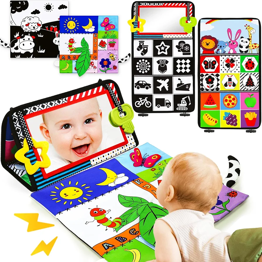 Tummy Time Mirror Baby Toys 3-6 Months Infant Newborn Toys 0-3 Months Brain Development Montessori Sensory Crinkle Toys Teether Black and White High Contrast Baby Toys 0-6 6-12 Month Boy Girl Gifts