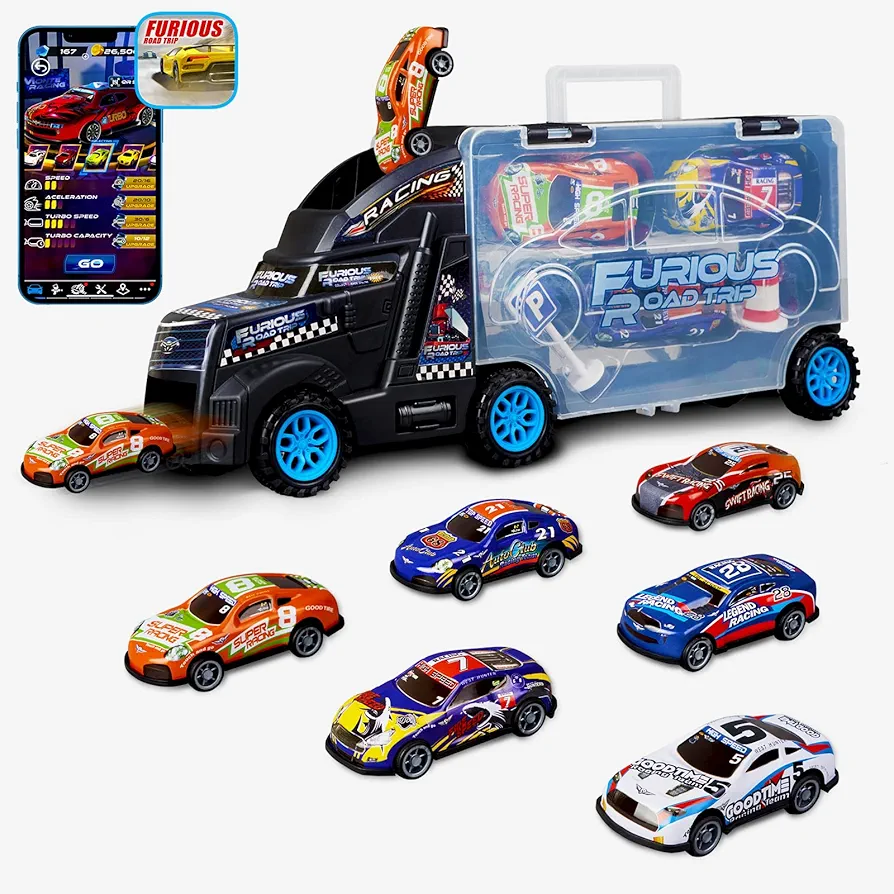 Golden Wheel Trucks Transport Car Carrier Toy: with 6 Race Vehicles Pull Back Cars - Hot Toy Cars for 3 4 5 6 Year Old Boys Girls Birthday Gifts - with Free Online Games