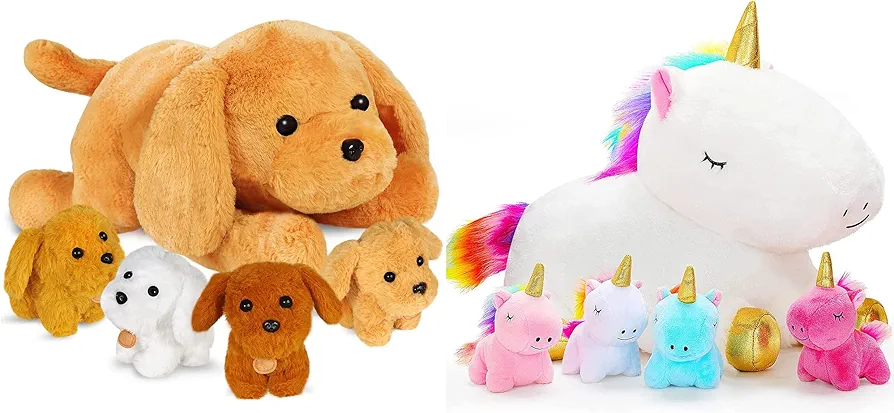 KMUYSL Unicorn Mommy Stuffed Animal with 4 Baby Unicorns in Her Tummy & Mommy Dog with 4 Baby Puppies in Her Tummy