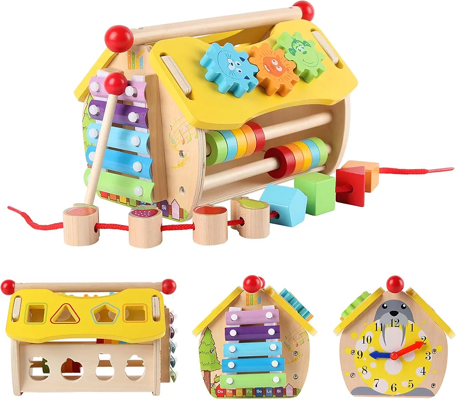 Montessori Busy House Toys, Wooden Busy Board House for Toddlers, Kids Sensory Learning Toy with Xylophone Digital Screws, Fine Motor Skills, Birthday Gifts for Boys and Girls Aged 3+