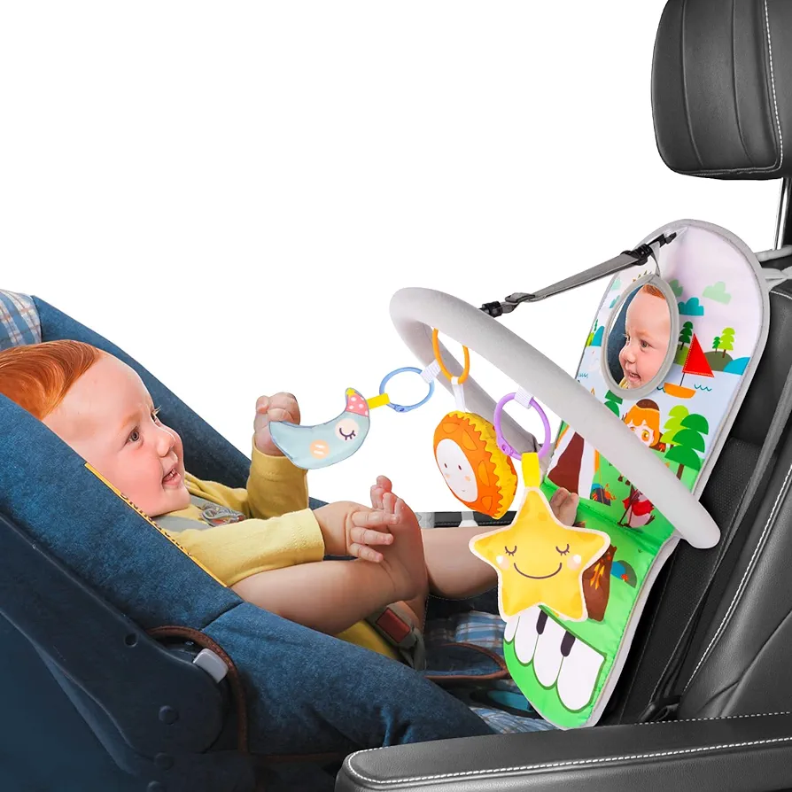 UNIH Car Seat Toys for Baby Infant 6 Months and Up, Adjustable with Baby Mirror and Hanging Squeaky Sensory Soft Toys 6 to 12 Months (with Music)