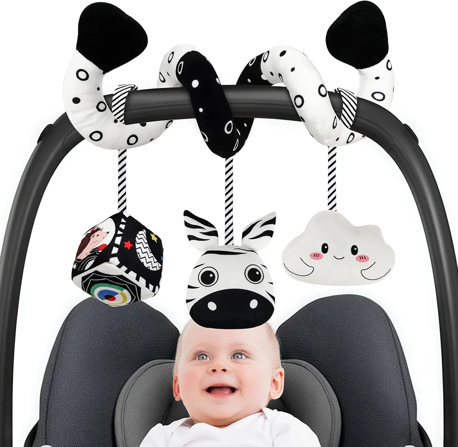 Baby Spiral Hanging Stroller and Car Seat Toys Black and White High Contrast Sensory Toy Newborn Plush Activity Toys Thank You Gifts for 0 3 6 9 12 Months Girls Boys-ZABRA