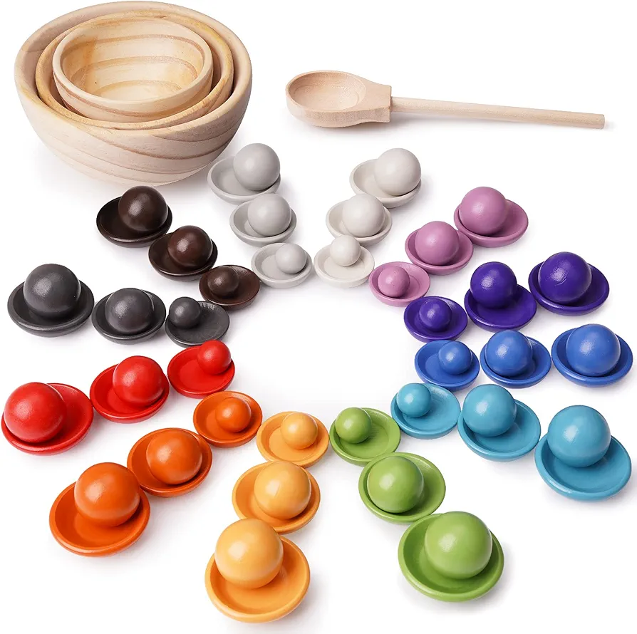 Montessori Balls in Dishes Toy Wooden Color Sorter Game 36 Balls 3 Bowl Color Sorting and Preschool Learning Education Fine Motor Skill Toys for Toddlers Counting Toys(Rainbow)