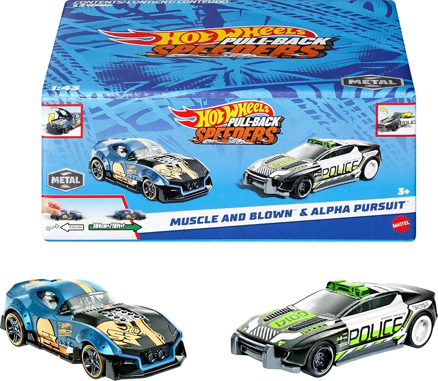 Hot Wheels Toy Cars 2-Pack 1:43 Scale Pull-Back Speeders with Rolomatic Engine or Door, Trunk or Hood That Opens (Styles May Vary) (Amazon Exclusive)