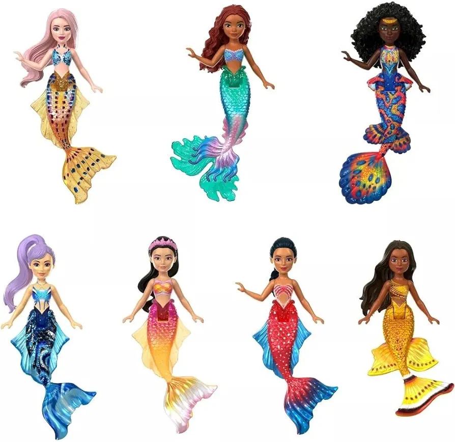 Mattel Disney Princess Toys, The Little Mermaid Ariel & Sisters Small Doll Set, Collection of 7 Mermaid Dolls, Inspired by the Movie