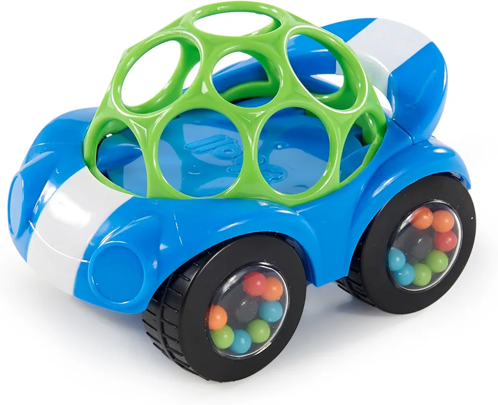 Bright Starts Oball Easy Grasp Rattle & Roll Toy Sports Car BPA-Free Infant Crawling Toy, 1 Pack, Age 3 Months and up, Blue/Green